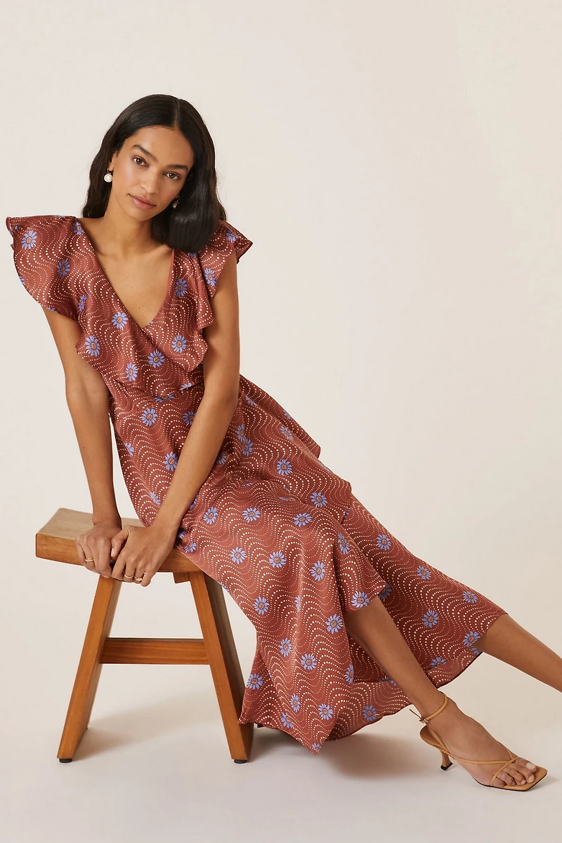 Ruffle-Sleeve Printed-Wrap Maxi Dress