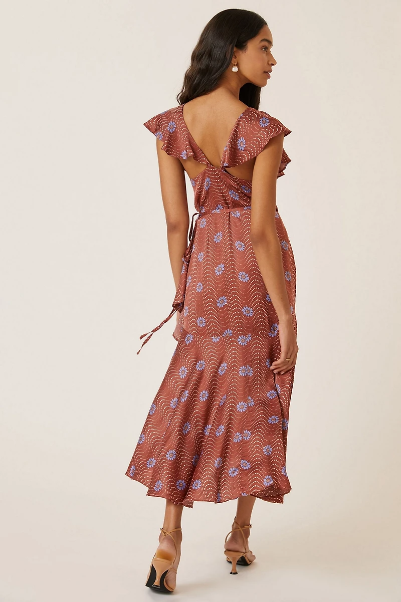 Ruffle-Sleeve Printed-Wrap Maxi Dress