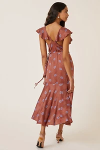 Ruffle-Sleeve Printed-Wrap Maxi Dress