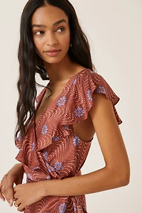 Ruffle-Sleeve Printed-Wrap Maxi Dress