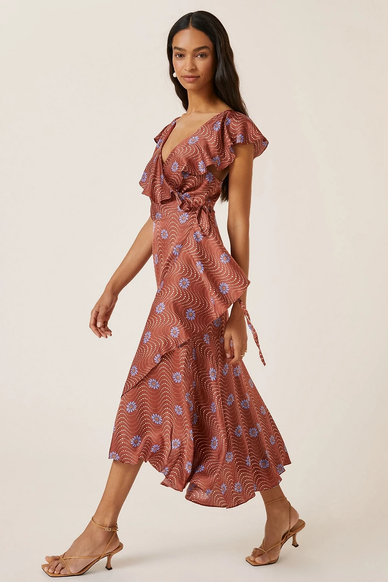 Ruffle-Sleeve Printed-Wrap Maxi Dress