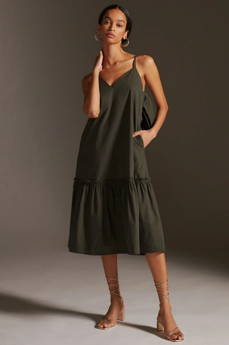 Blue Tassel V-Neck Bow-Back Midi Dress
