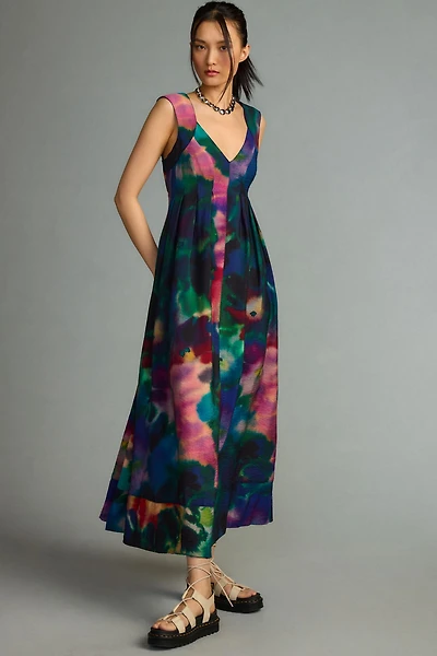 Printed V-Neck Pleated A-Line Dress