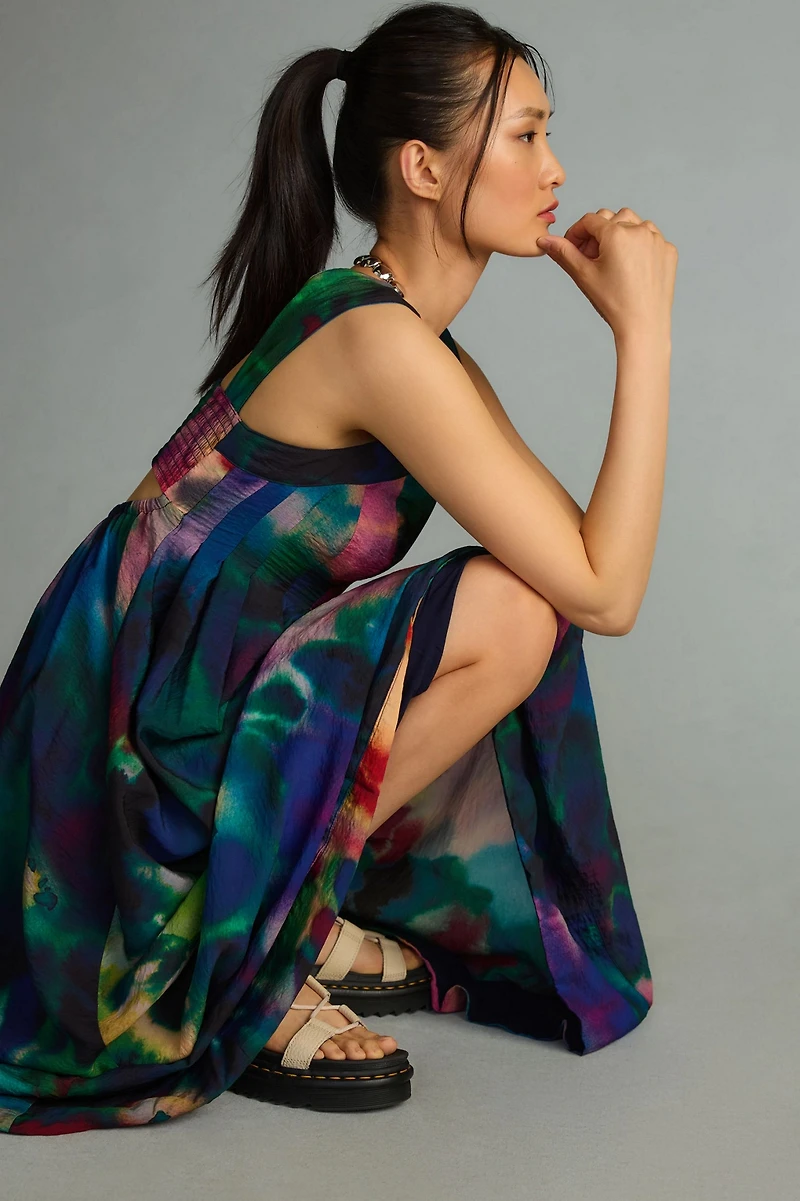 Printed V-Neck Pleated A-Line Dress