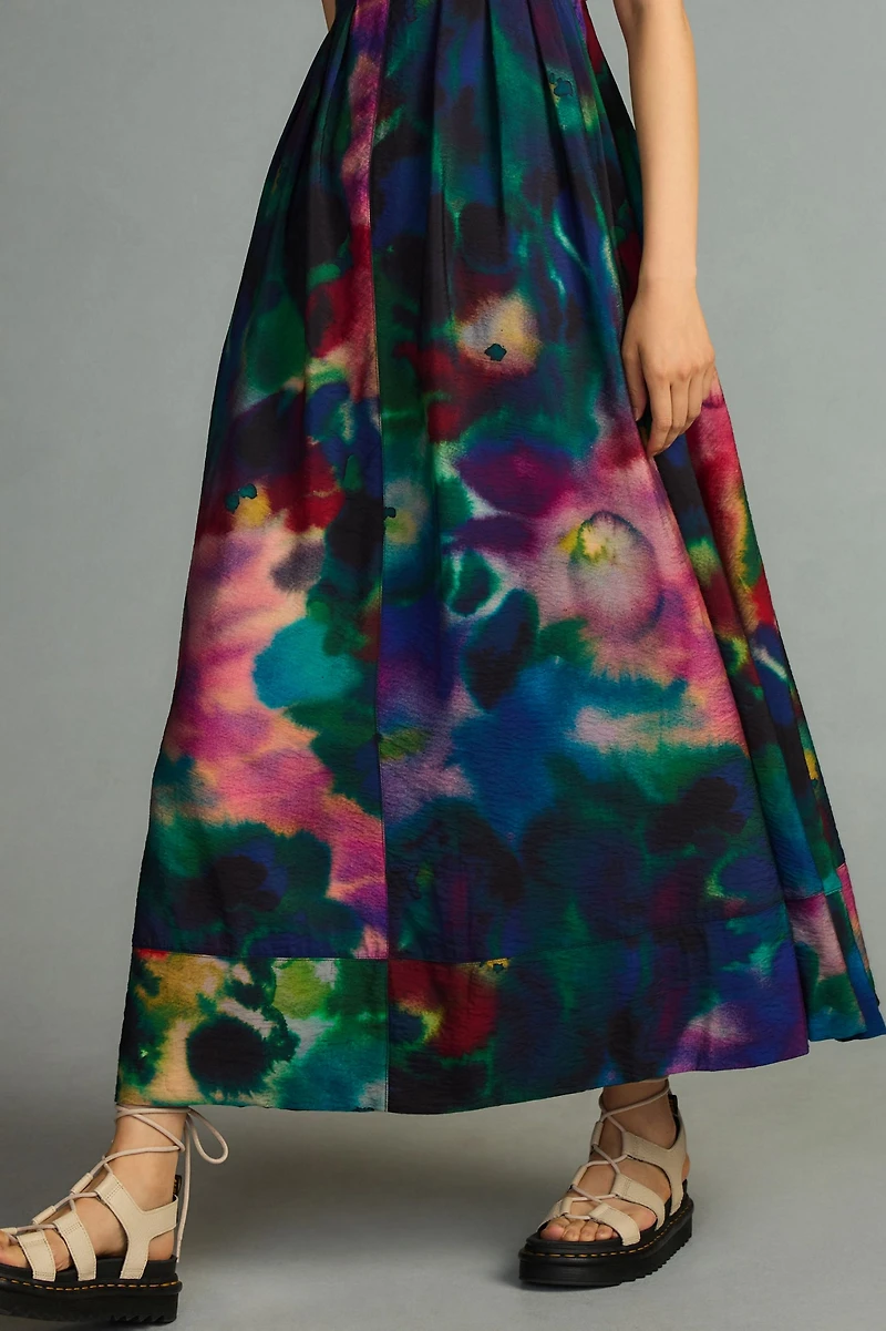 Printed V-Neck Pleated A-Line Dress