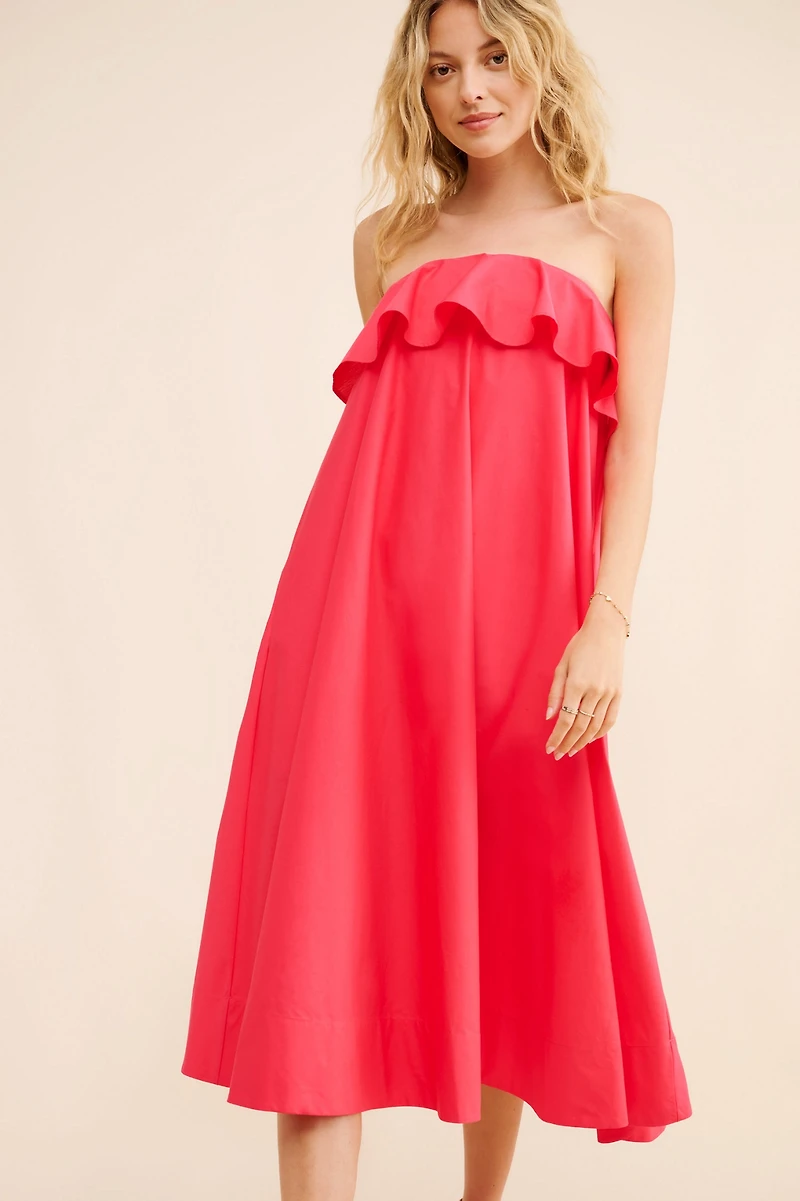 Strapless Flounce A-Line Midi Dress