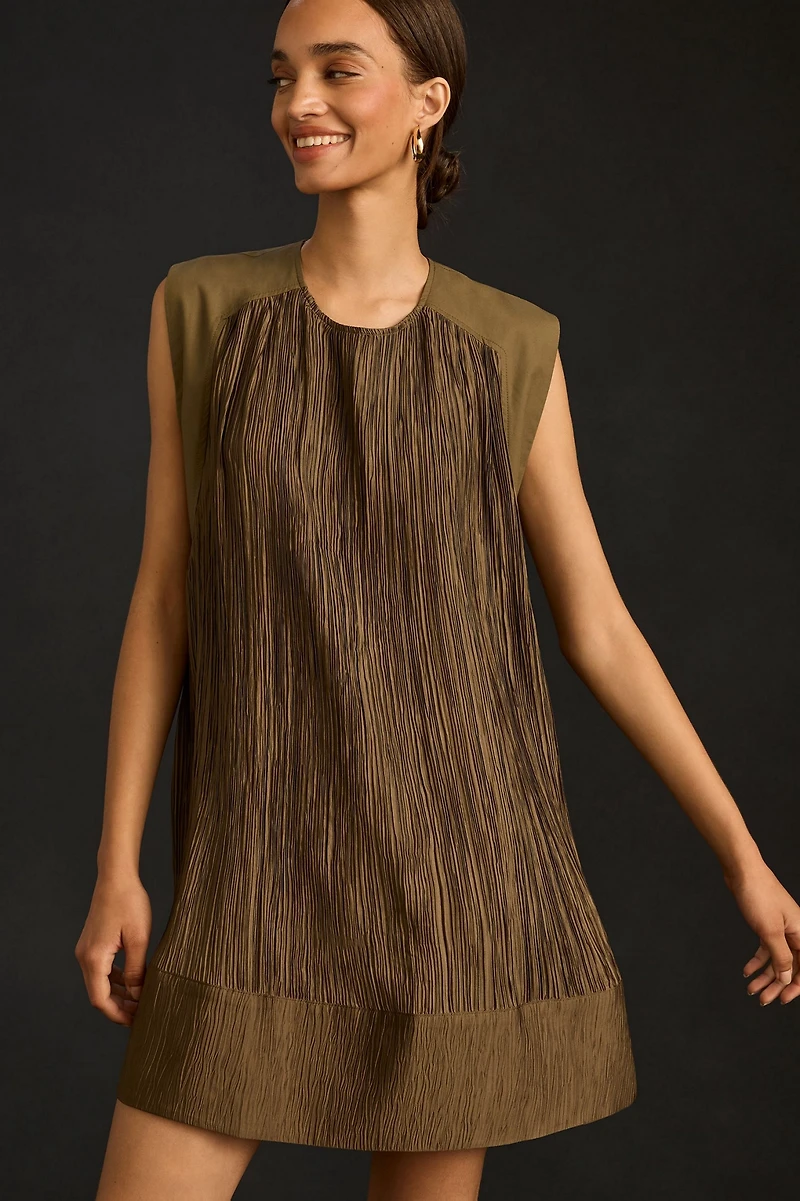Cap-Sleeve Plissé Mini Dress
