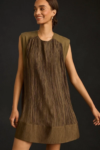 Cap-Sleeve Plissé Mini Dress