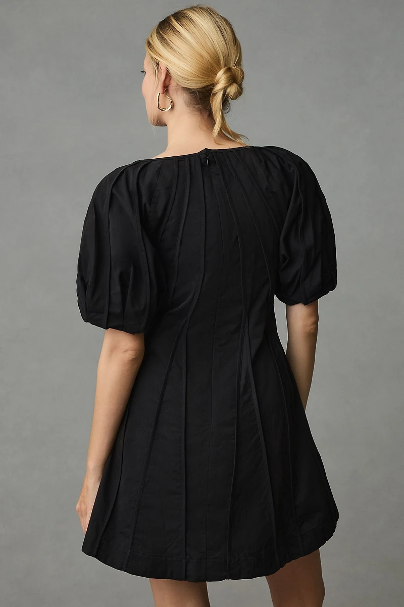 Aureta Puff-Sleeve Seamed A-Line Dress