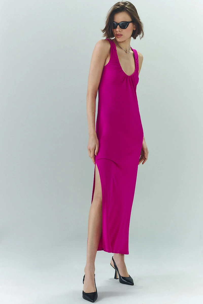 Ruched Scoop-Neck Midi Dress