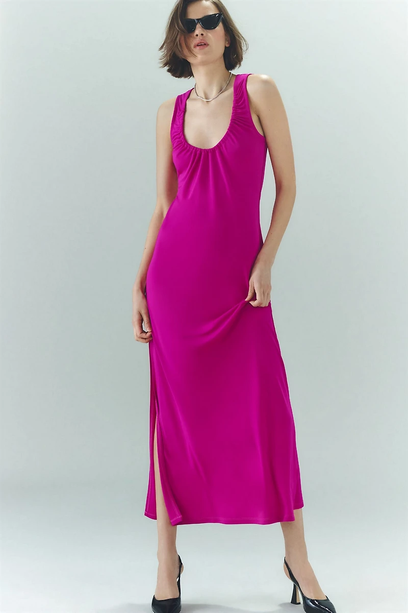 Ruched Scoop-Neck Midi Dress
