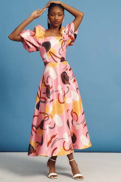 Aureta Printed Linen Puff-Sleeve Cutout Dress