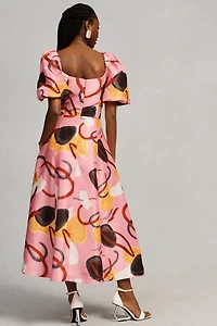 Aureta Printed Linen Puff-Sleeve Cutout Dress