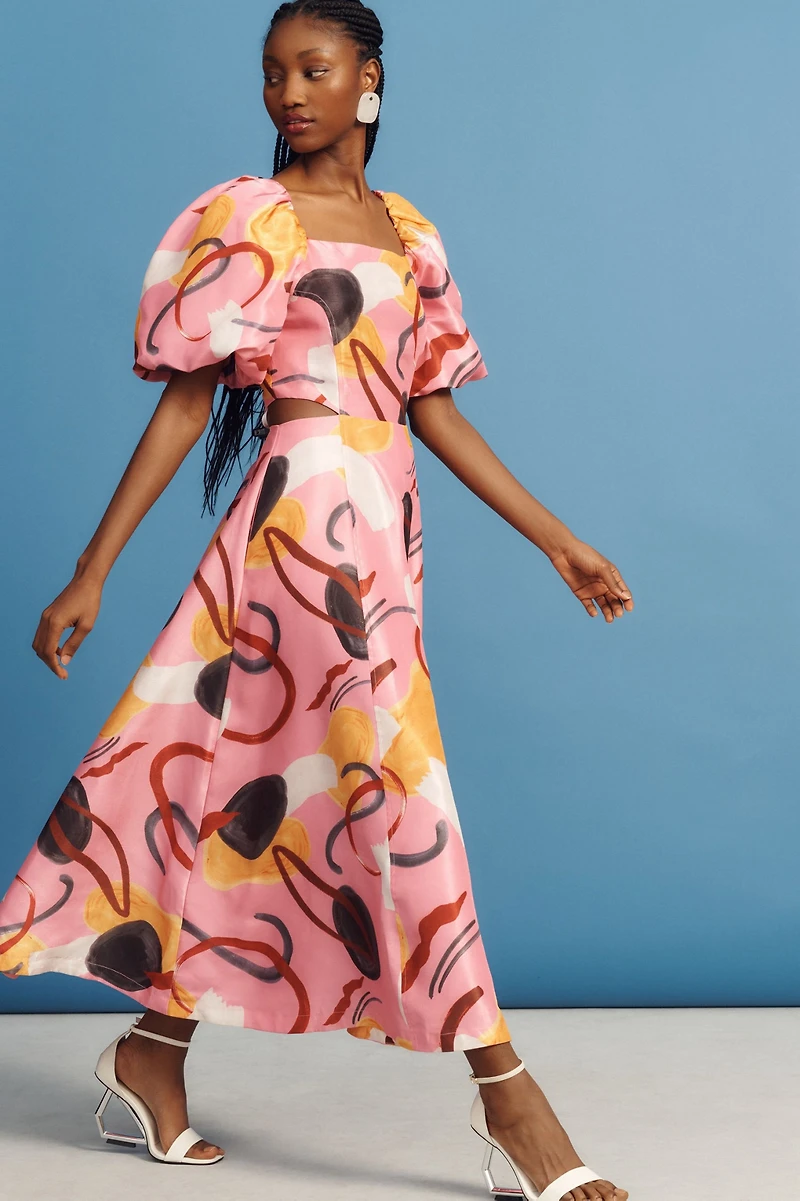 Aureta Printed Linen Puff-Sleeve Cutout Dress
