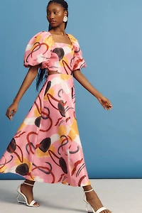 Aureta Printed Linen Puff-Sleeve Cutout Dress