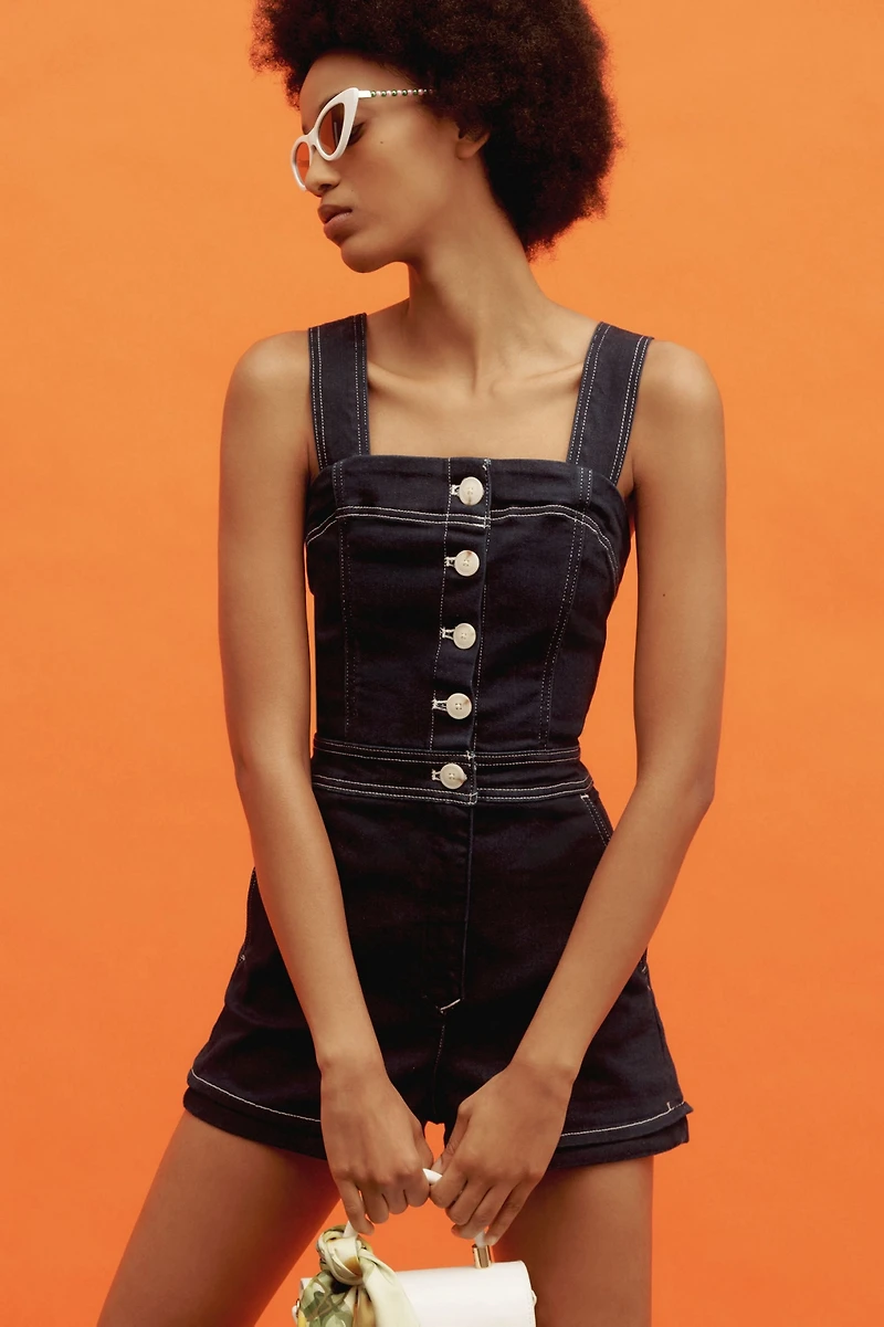 Maeve The Portside Button-Front Romper: Denim Edition