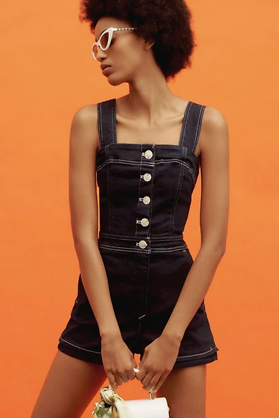 Maeve The Portside Button-Front Romper: Denim Edition