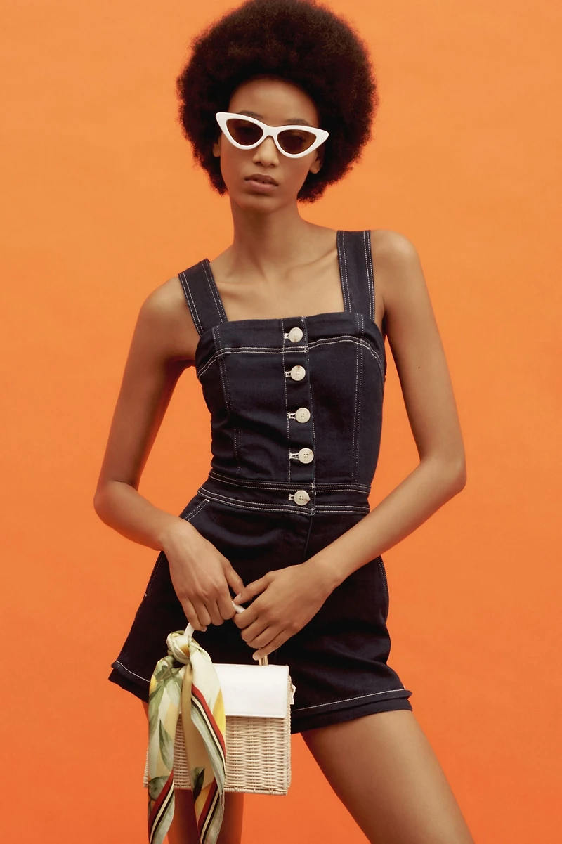 Maeve The Portside Button-Front Romper: Denim Edition