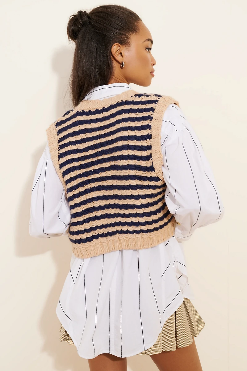Moon River Striped Open Front Sweater Vest
