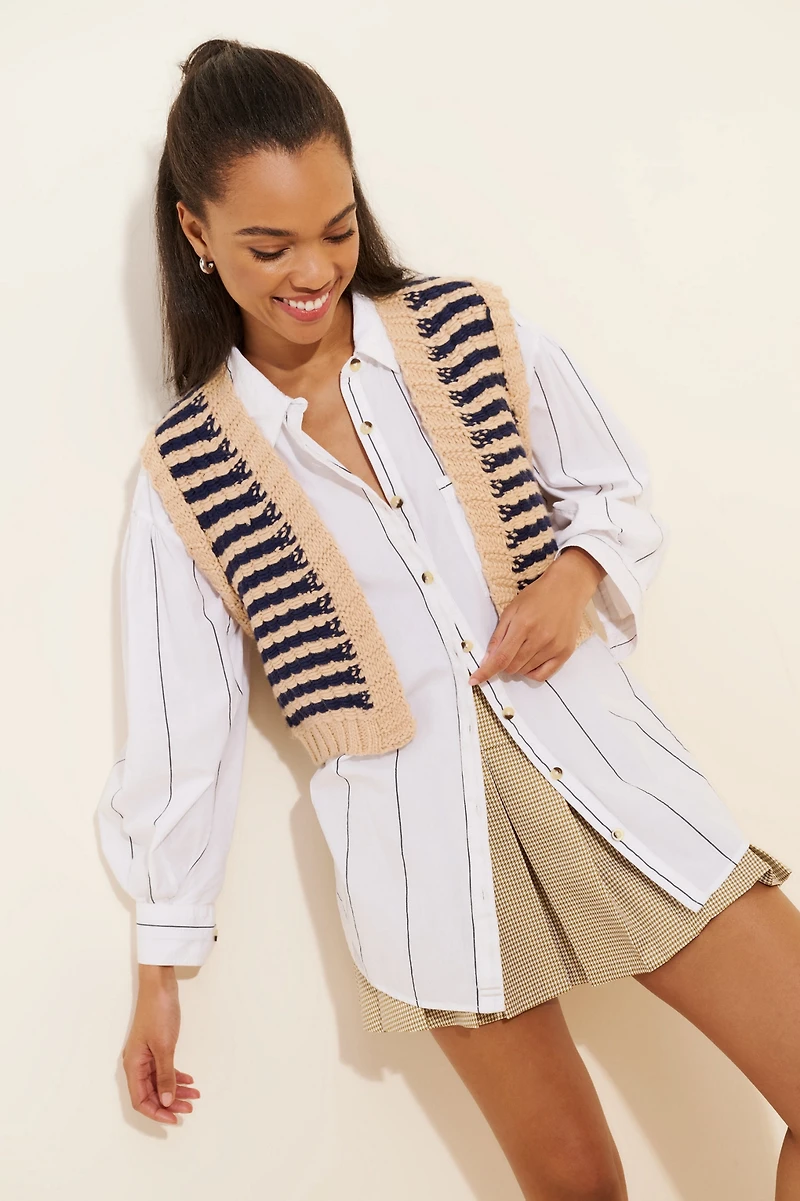 Moon River Striped Open Front Sweater Vest