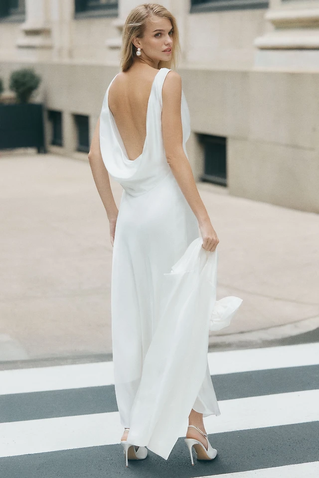 bhldn sleeveless cowl-neck bias-cut a-line midi dress Anthropologie BHLDN Cali Midi Slip Dress Women's Size 6 Copper Satin Cowl Neck
