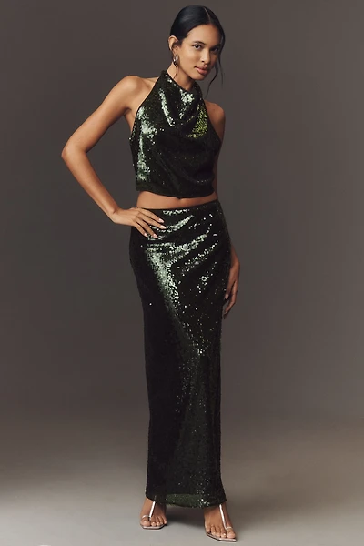 Shona Joy Olympia Sequin Cowl-Neck Halter Top