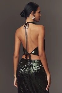 Shona Joy Olympia Sequin Cowl-Neck Halter Top
