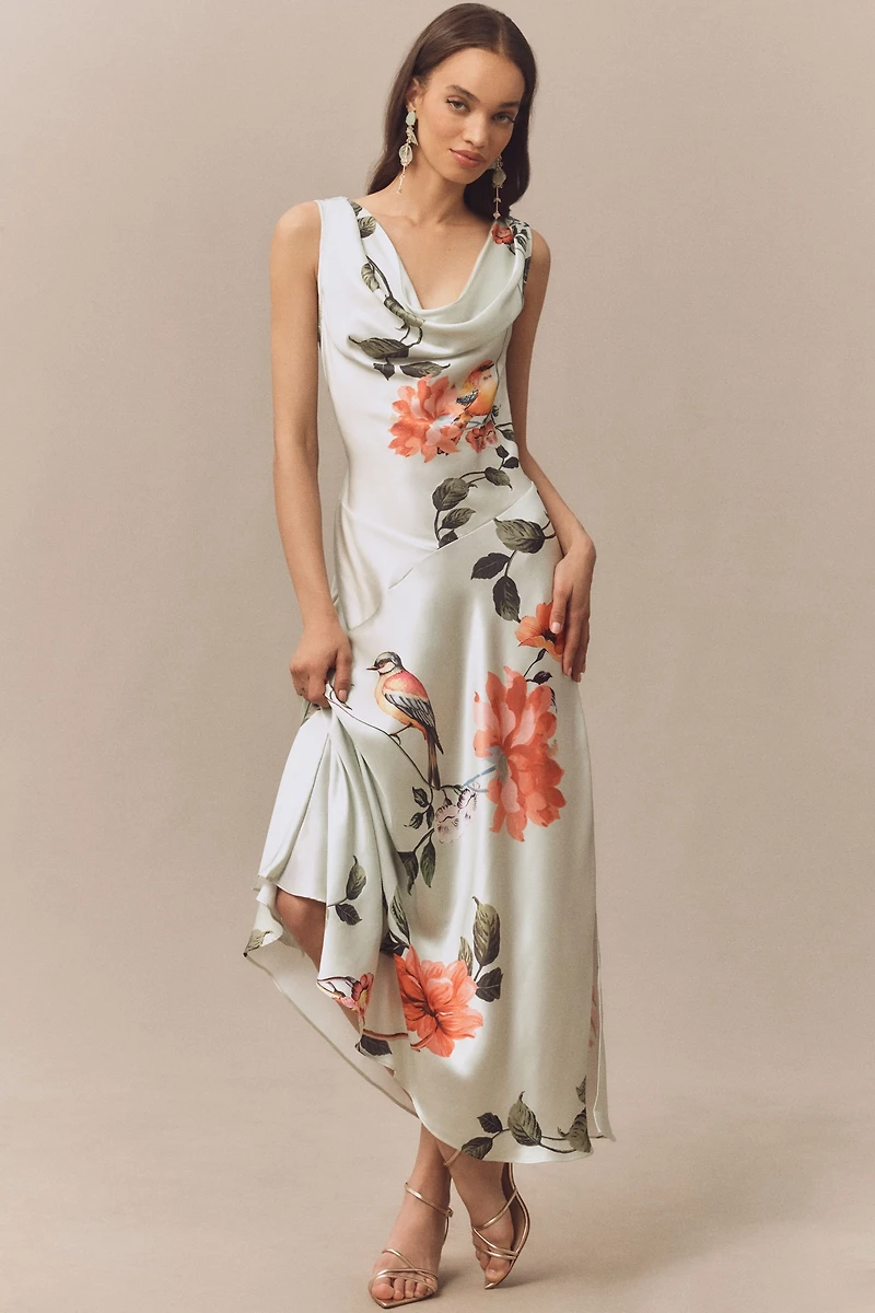 BHLDN Cowl-Neck Open-Back Floral Drop-Waist Midi Dress