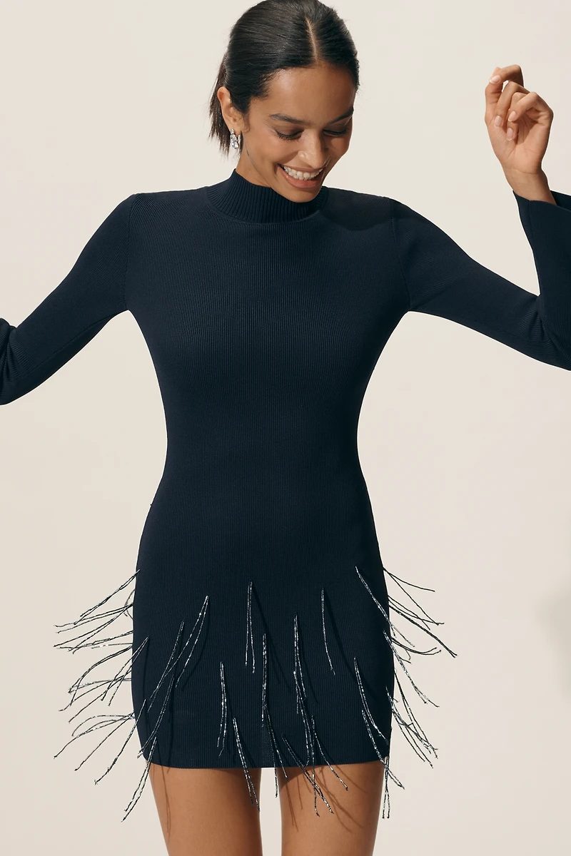 Delfi Collective Elena Long-Sleeve Beaded Mini Fringe Dress