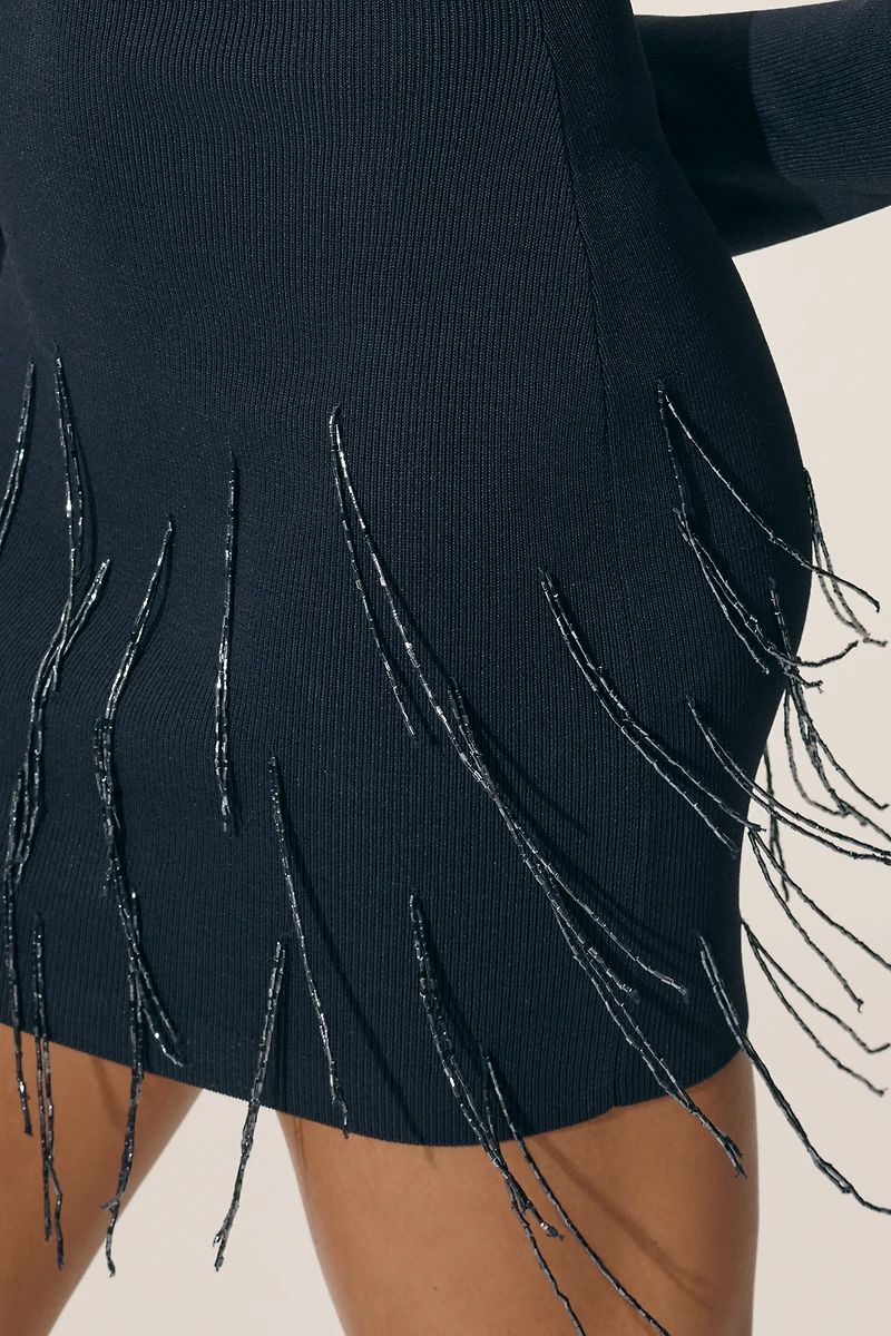 Delfi Collective Elena Long-Sleeve Beaded Mini Fringe Dress