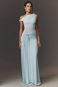 MISHA Sisal One-Shoulder Twist Mesh Maxi Dress