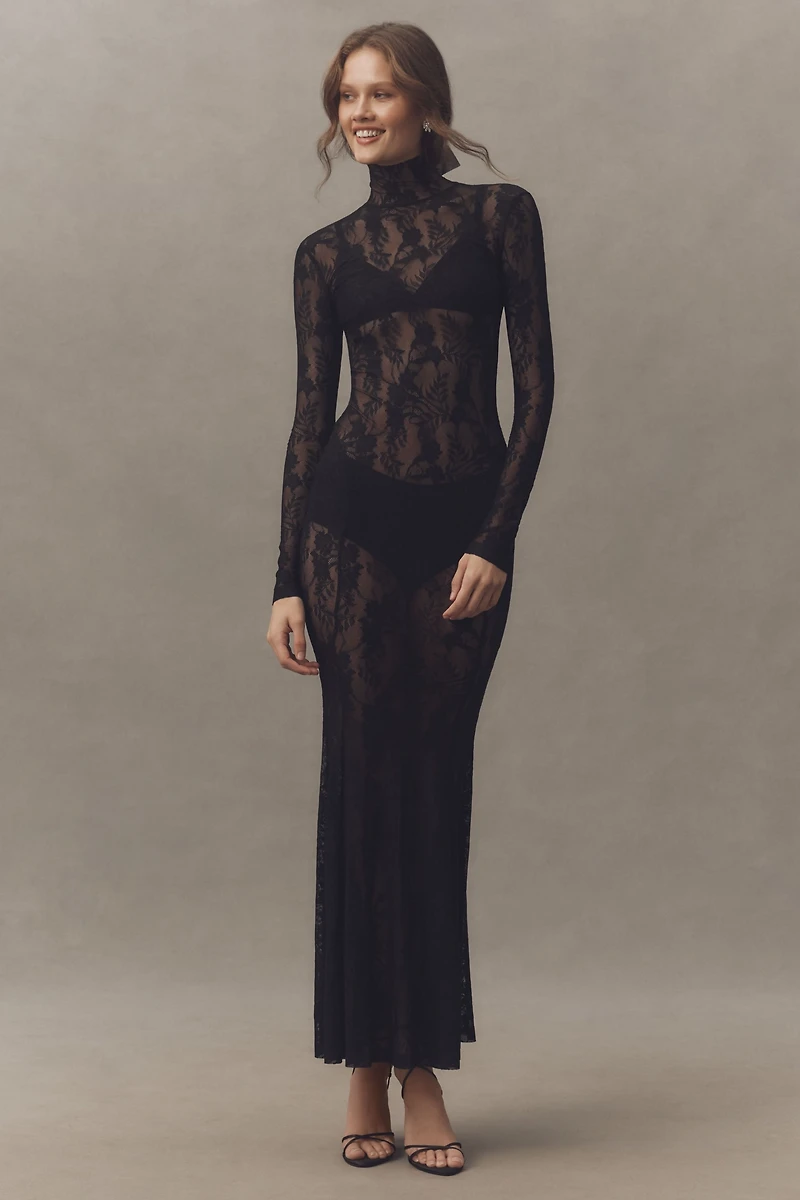 Norma Kamali Sheer Lace Long-Sleeve High-Neck Maxi Dress