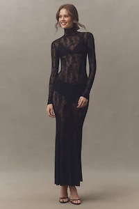 Norma Kamali Sheer Lace Long-Sleeve High-Neck Maxi Dress
