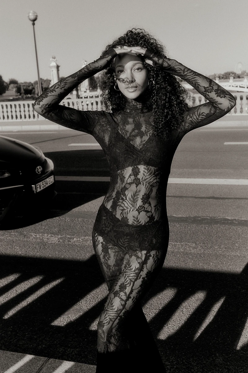 Norma Kamali Sheer Lace Long-Sleeve High-Neck Maxi Dress