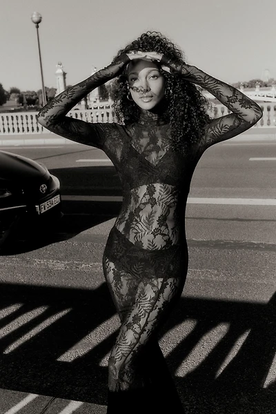Norma Kamali Sheer Lace Long-Sleeve High-Neck Maxi Dress