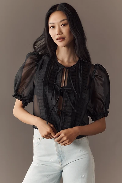 MABLE Sheer Tie-Front Puff-Sleeve Blouse