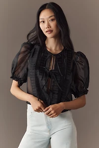 MABLE Sheer Tie-Front Puff-Sleeve Blouse