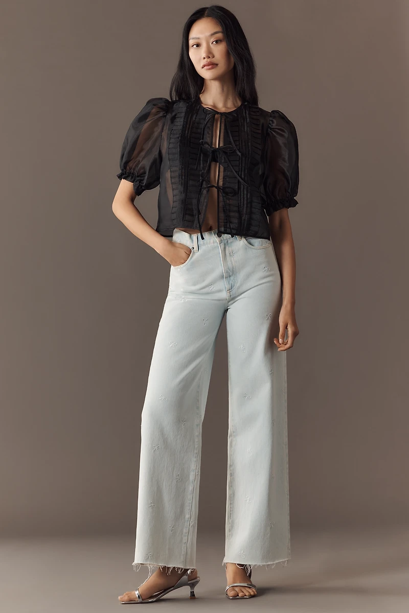 MABLE Sheer Tie-Front Puff-Sleeve Blouse