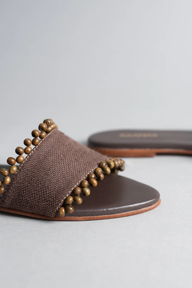 Kaanas Cala Linen Asymmetric Beaded Slide Sandals