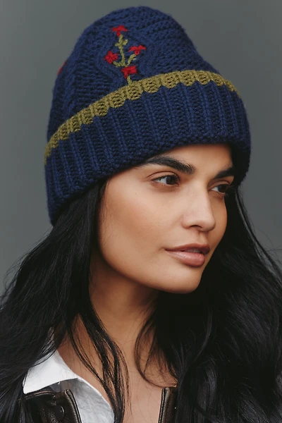Damson Madder Floral Stitch Cable-Knit Wool Beanie