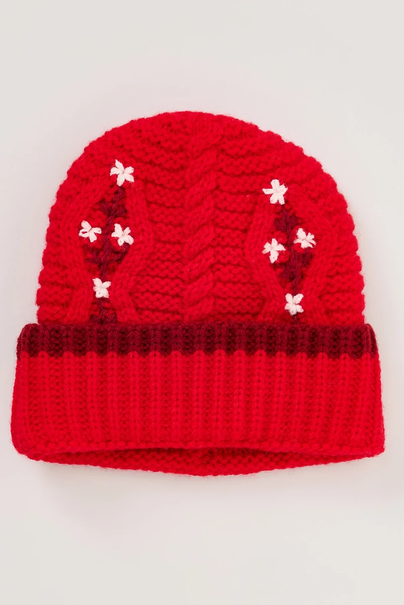 Damson Madder Floral Stitch Cable-Knit Wool Beanie