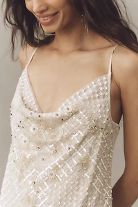 Not So Serious Beaded Cowl-Neck Sleeveless Mini Dress