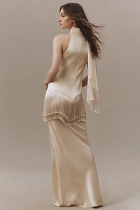 De La Vali Khamsin Halter Fringe Silk Satin Maxi Dress
