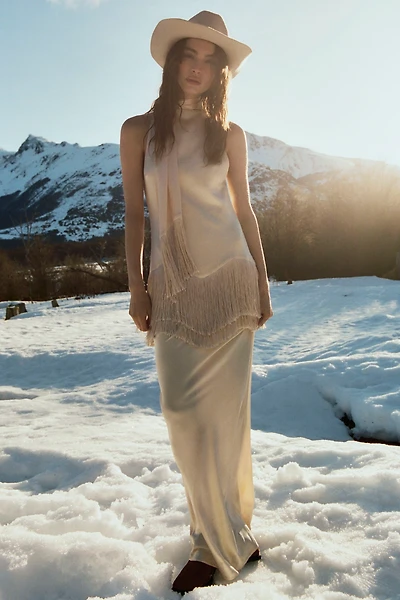 De La Vali Khamsin Halter Fringe Silk Satin Maxi Dress