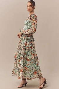 BHLDN Floral Chiffon Plunge Long-Sleeve Ruffle Maxi Dress