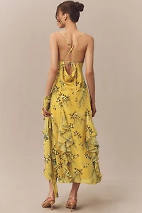 BHLDN Chiffon Cowl-Neck Cross-Back Ruffle Midi Dress
