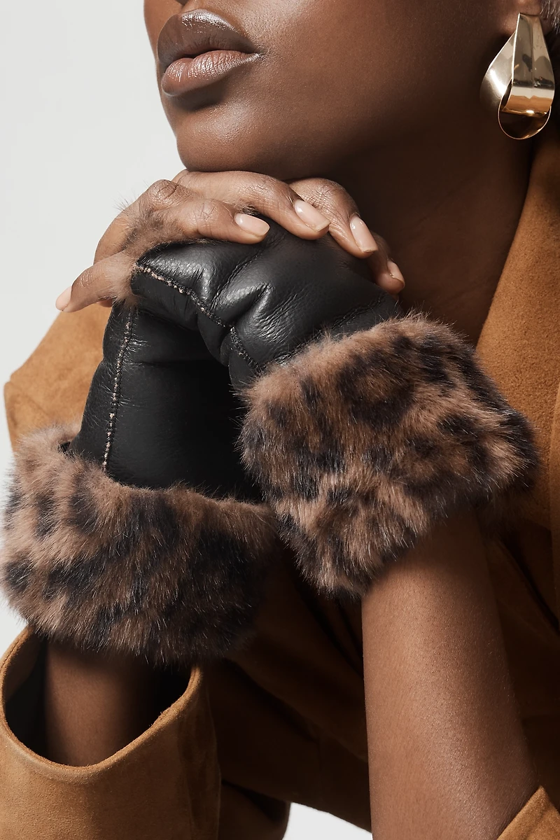 Jocelyn Faux Fur Faux Leather Fingerless Gloves