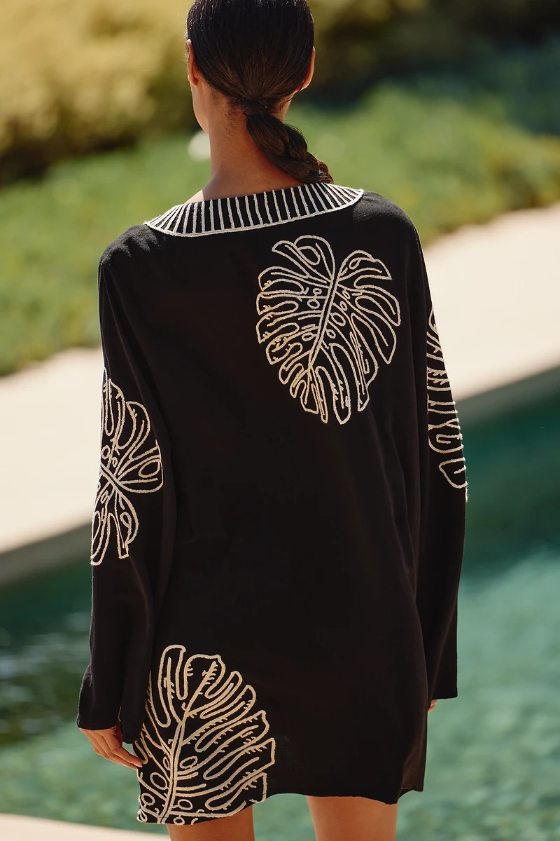 By Anthropologie Linen Blend Long-Sleeve Palm Leaf Embellished Mini Kaftan