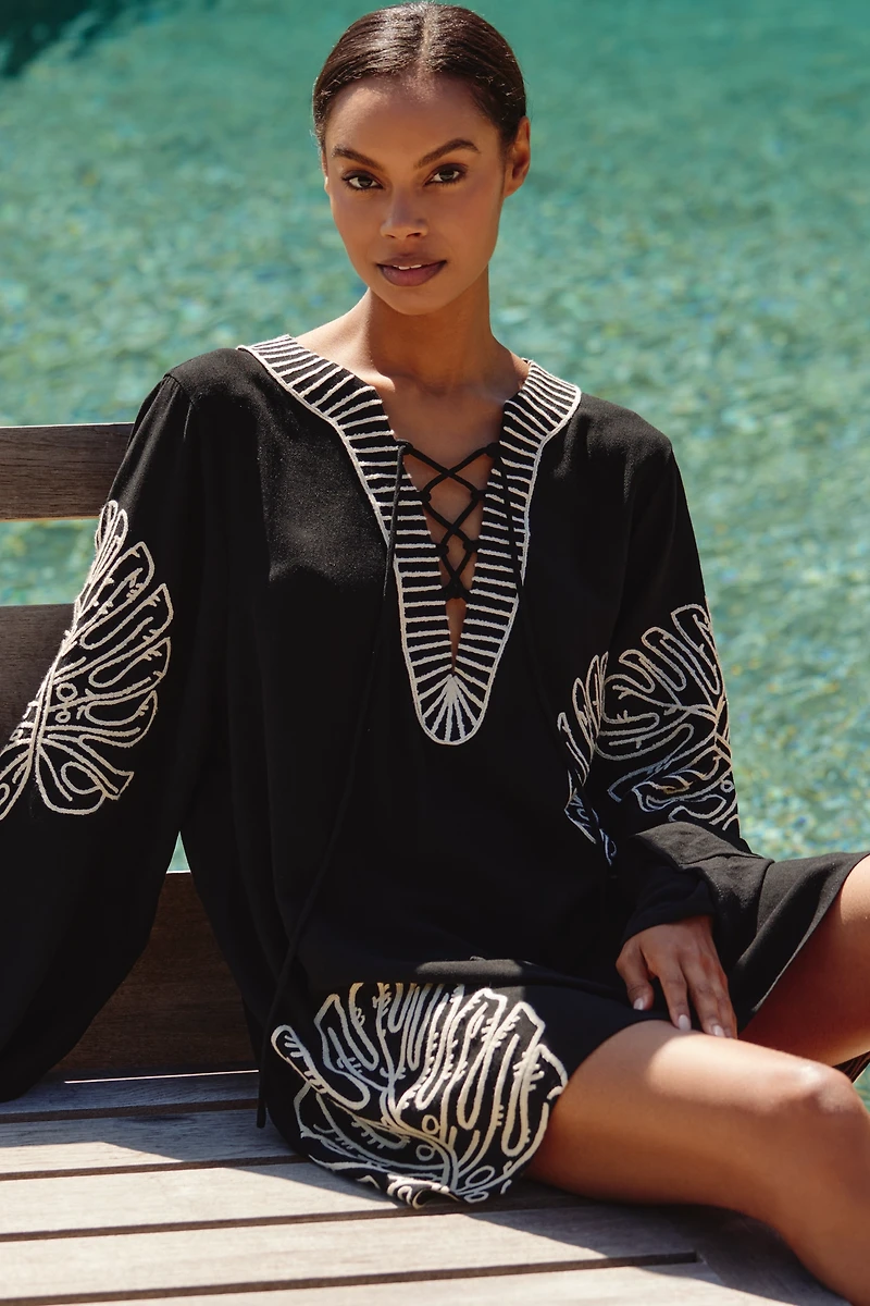 By Anthropologie Linen Blend Long-Sleeve Palm Leaf Embellished Mini Kaftan
