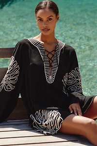 By Anthropologie Linen Blend Long-Sleeve Palm Leaf Embellished Mini Kaftan